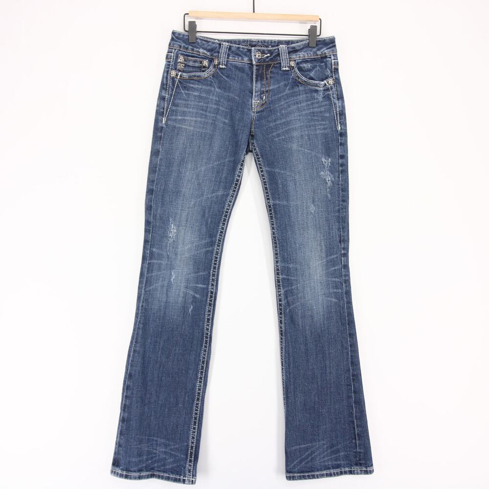 Miss Me Jeans Womens 29 Blue Fleur De Lis Bootcut Embellished Faded Stretch Low